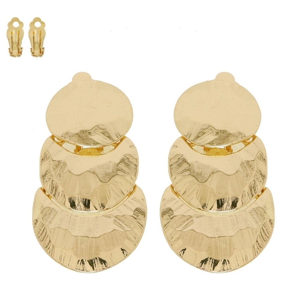 Gold-Tone 3 Tier Triple Layered Brushed Metal Disc Clip-On Earrings